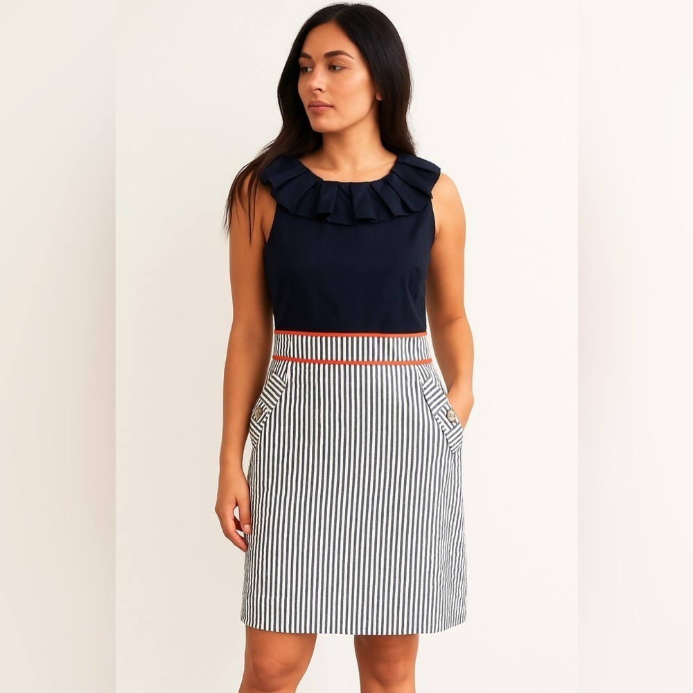 ALYX Size 14 Navy & Seersucker Ruffle Midi Dress with Pockets